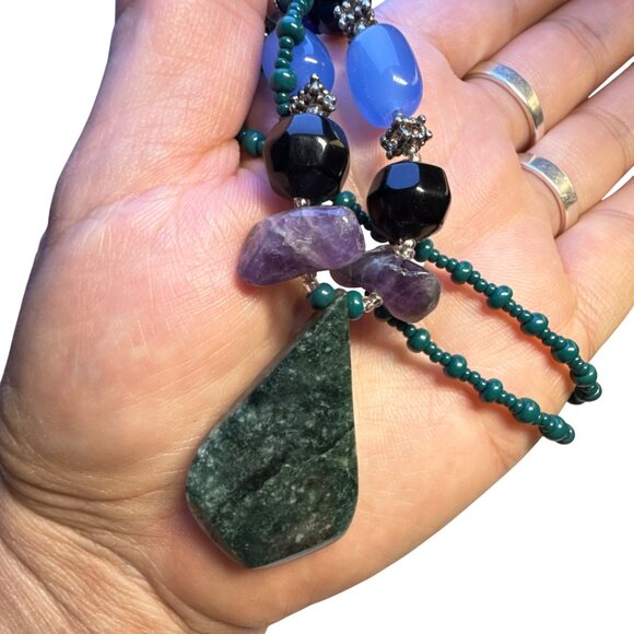 Blue Green Stone Pendant Necklace Boho Gemstone Jewelry Gift Handmade - Picture 3 of 10